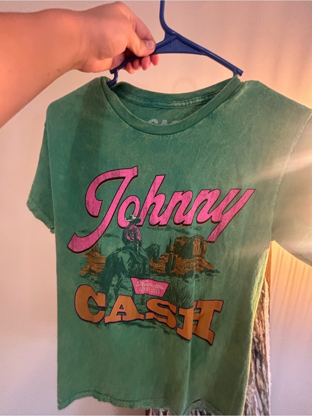 Ash Green Johnny Cash Graphic Tee with Pink & Gold Print